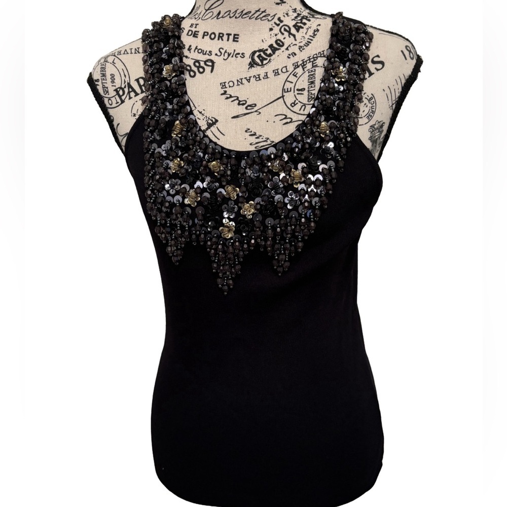 Vintage Joseph A Black Beaded Tank Top Shirt  90s Y2K Size small